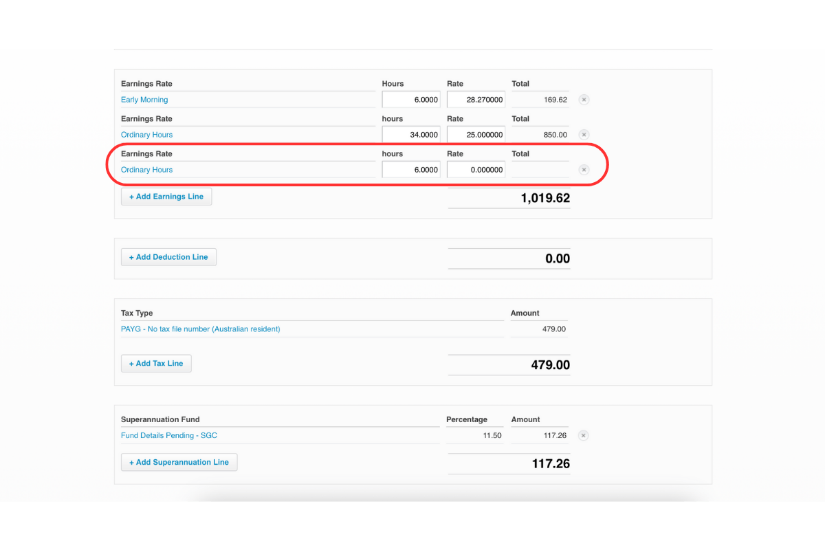 Screenshot displaying Xero Pay Run with an added $0 rate line item.
