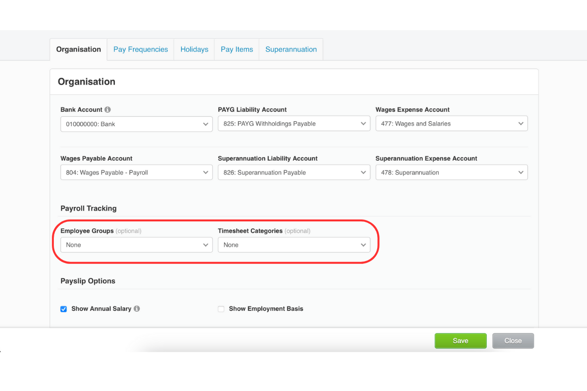 Xero Payroll Tracking Settings with Employee Groups and Timesheet Categories set to None