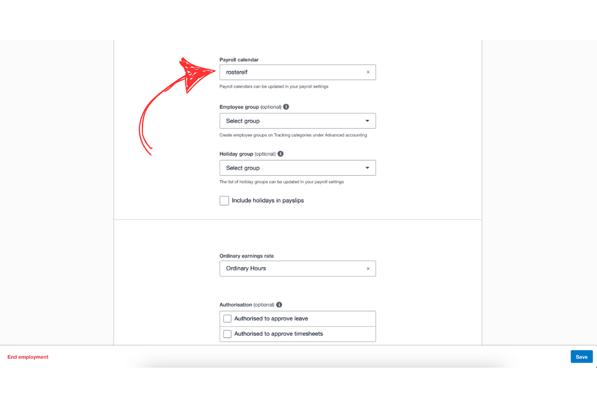 Screenshot of Xero employee file showing the Employment tab
