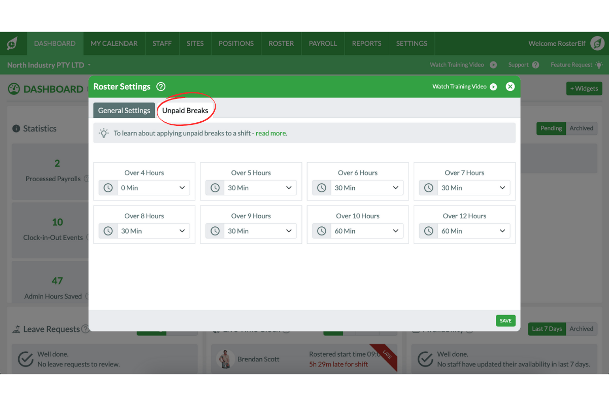Unpaid Breaks Tab Screenshot