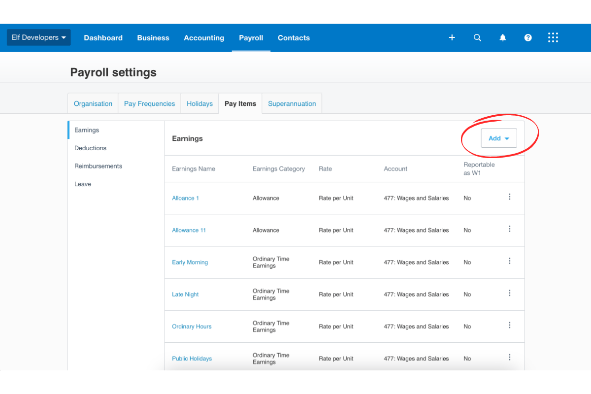 Screenshot showing how to add a new pay item in Xero