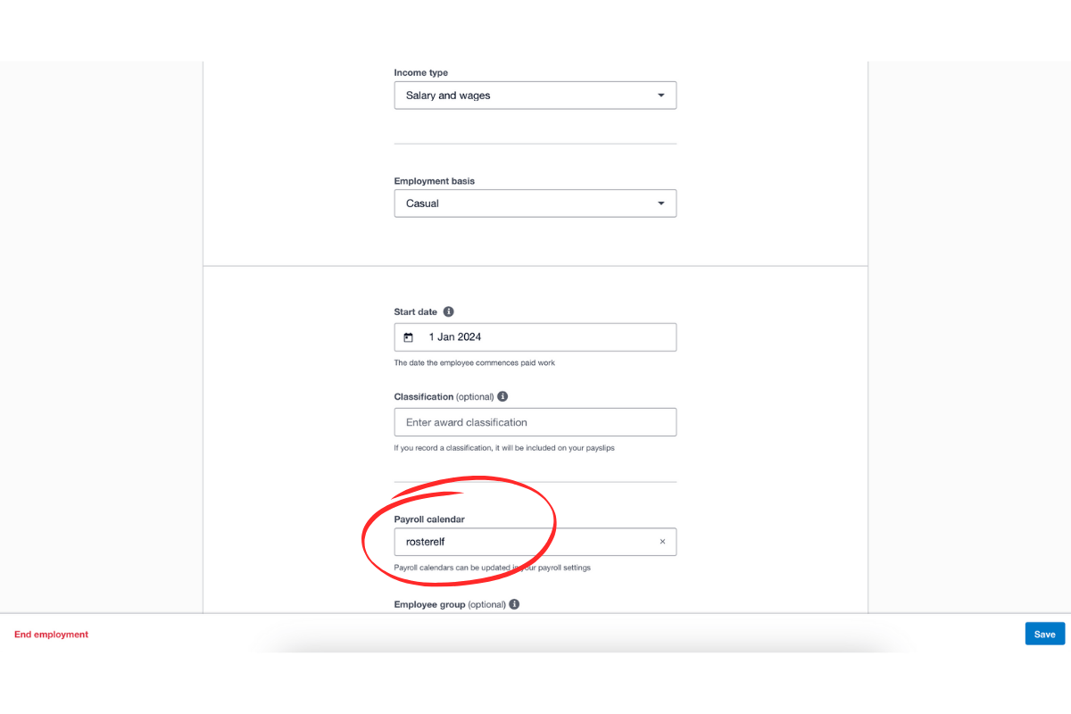 Screenshot of the Payroll Calendar dropdown in an Employee's profile