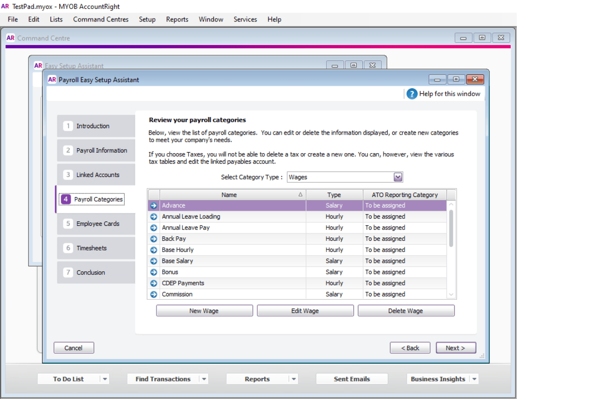 Screenshot of MYOB Payroll Categories menu