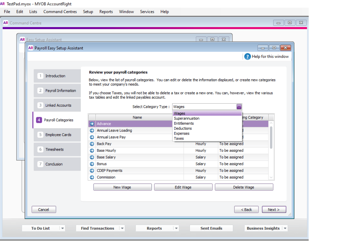 Screenshot of MYOB Payroll Category details