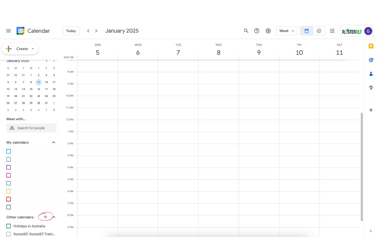 Screenshot indicating the + button under Other Calendars in Google Calendar