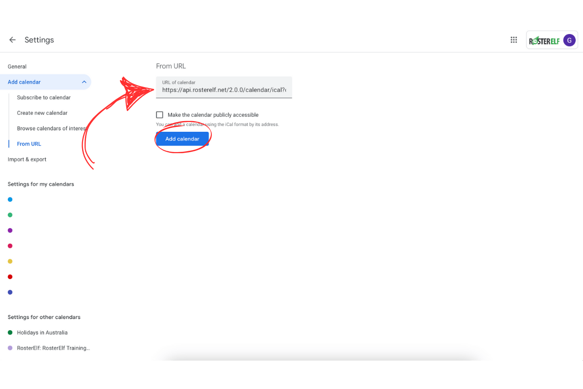 Screenshot demonstrating where to paste the RosterElf calendar URL in Google Calendar