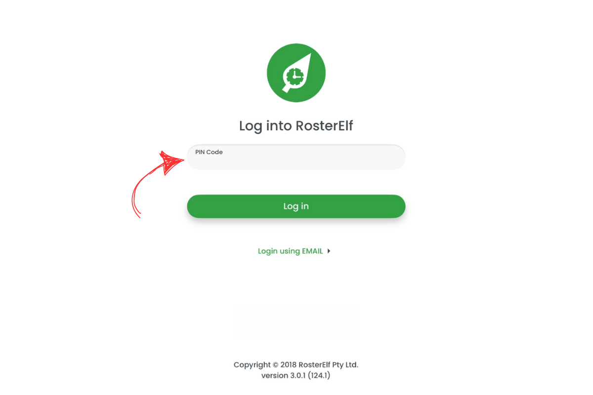 RosterElf Time Clock screen for entering PIN code