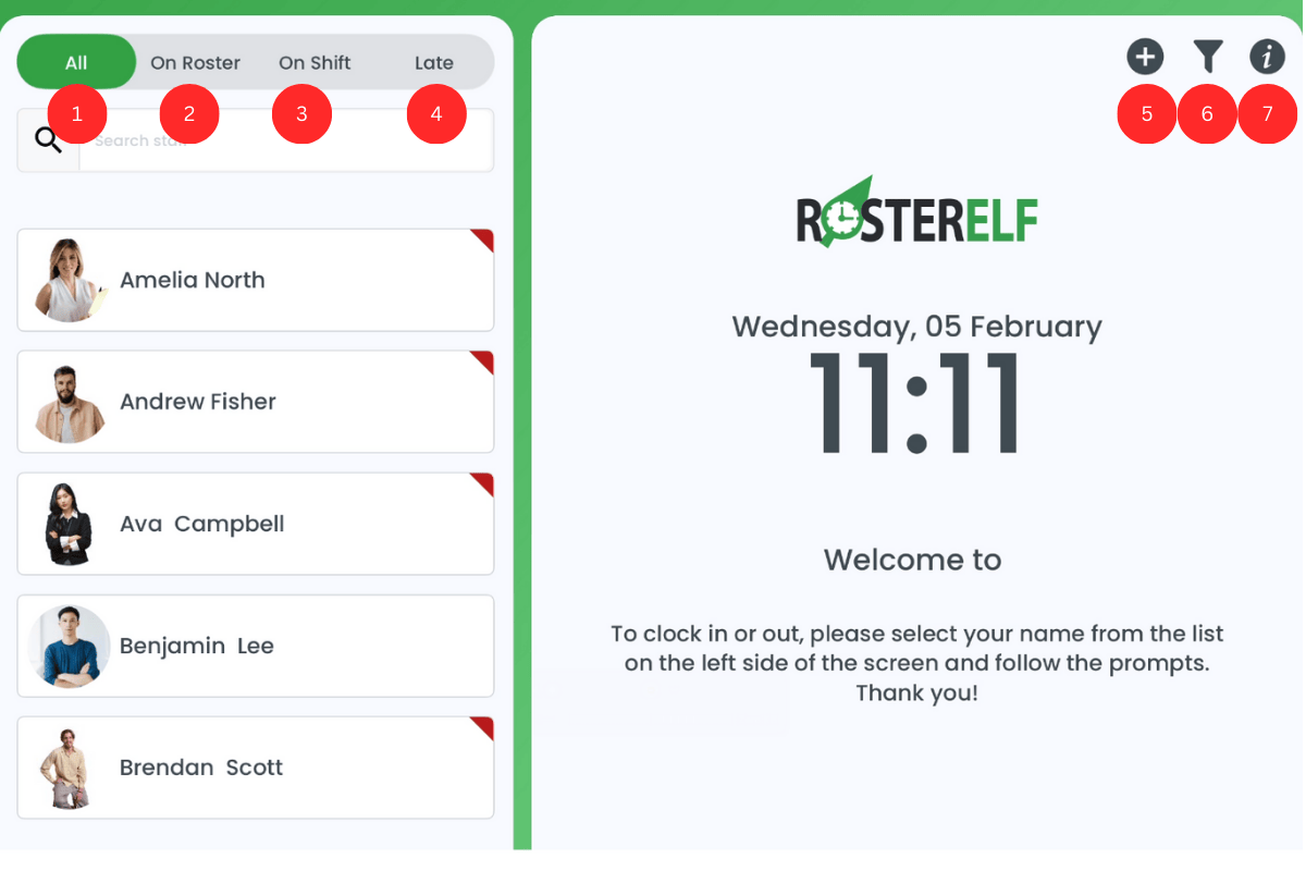 RosterElf Time Clock main screen icons and labels overview