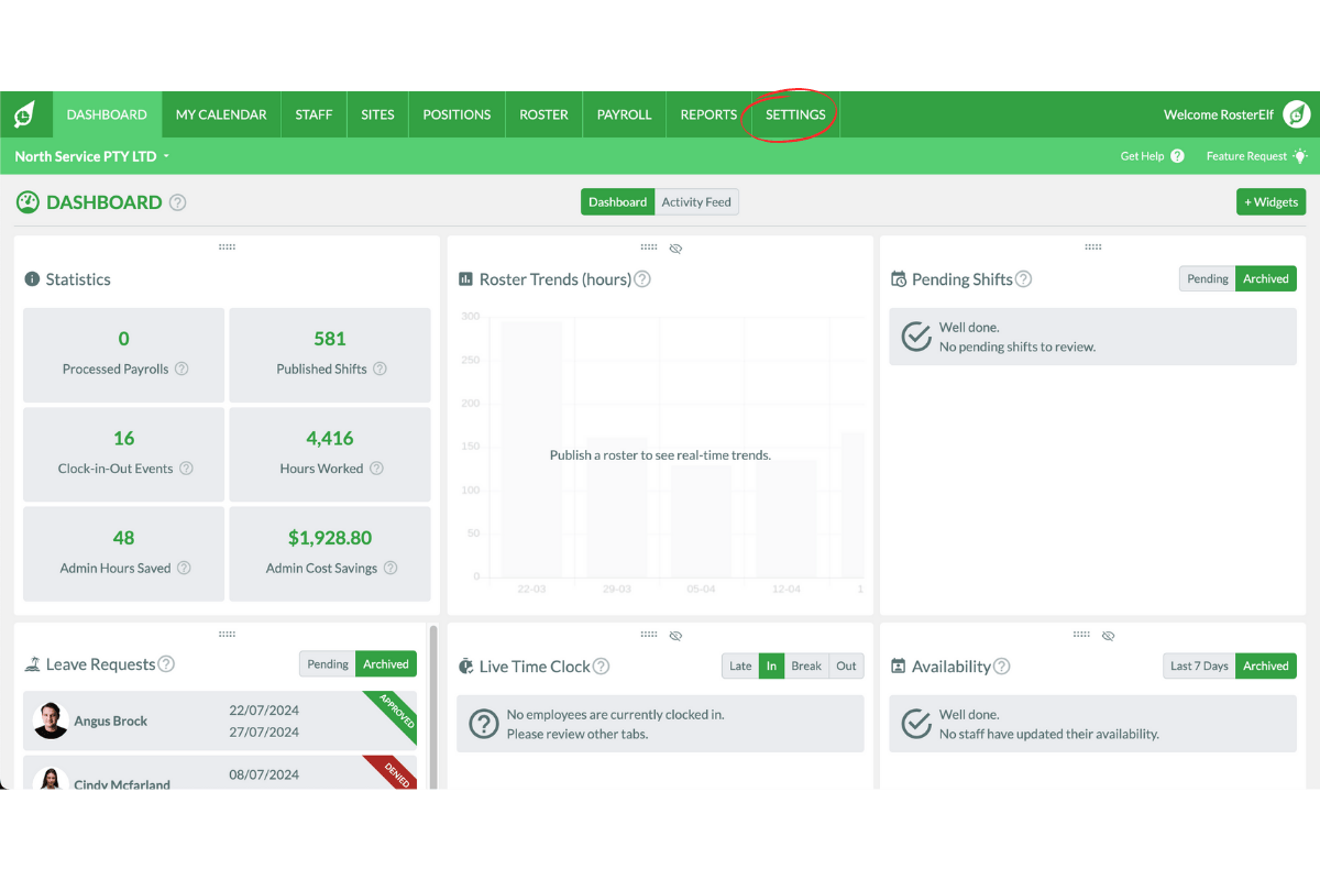 Settings menu in payroll system