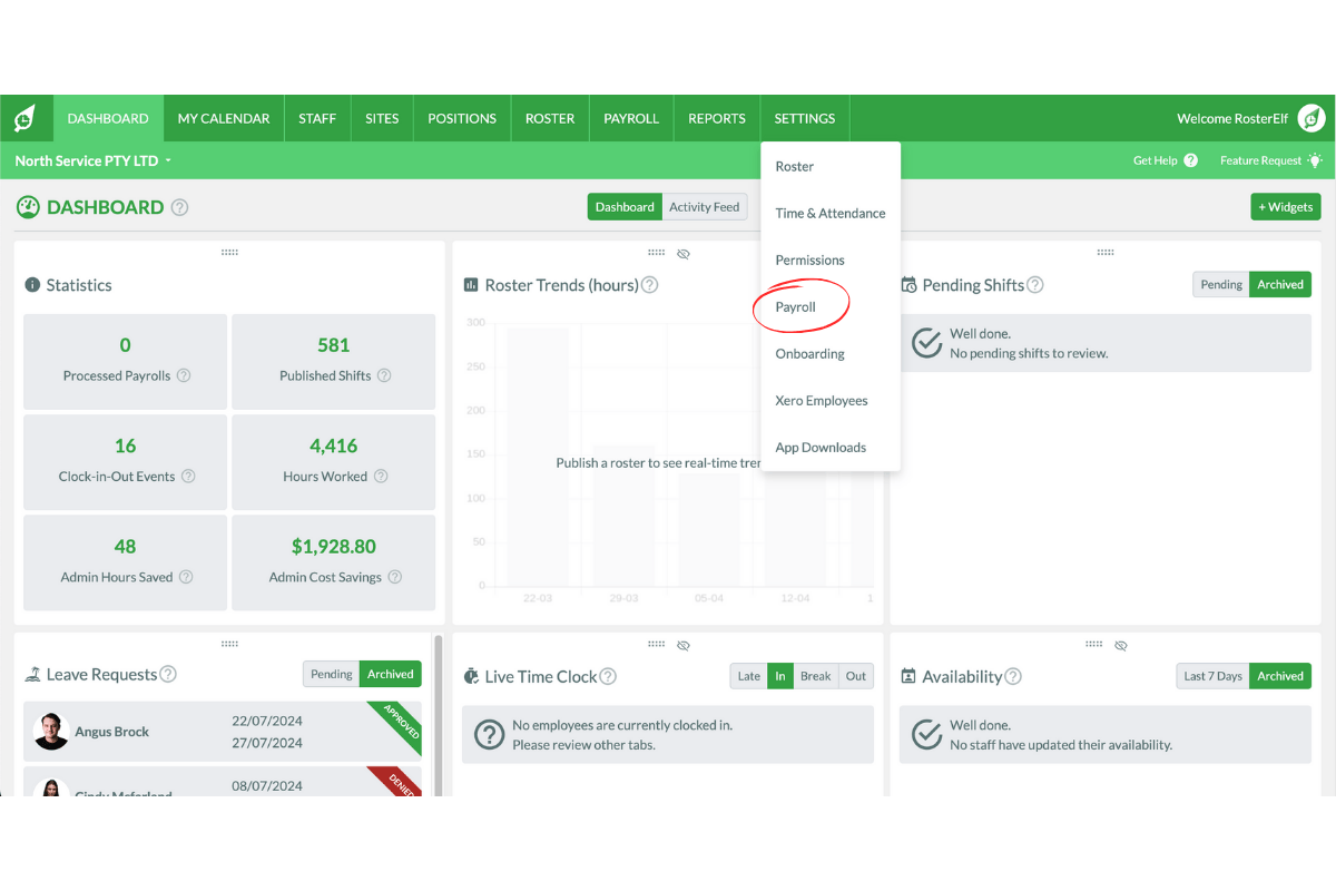 Payroll selection in settings