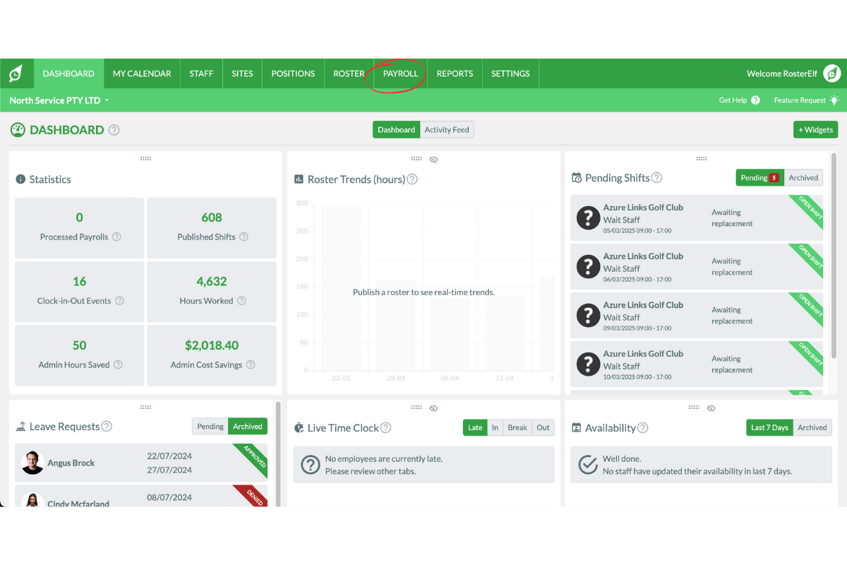 Payroll menu selection