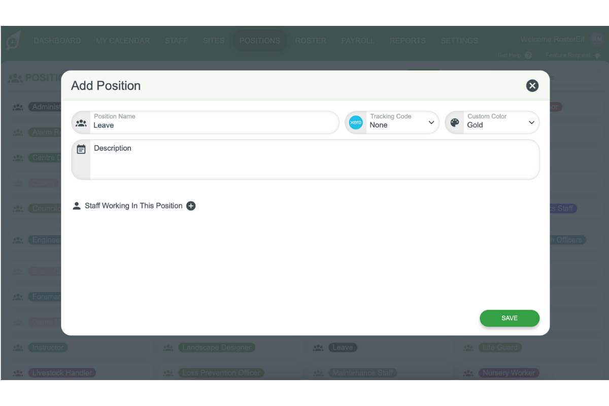 Screenshot showing the position name field set to 'Leave' and a color picker