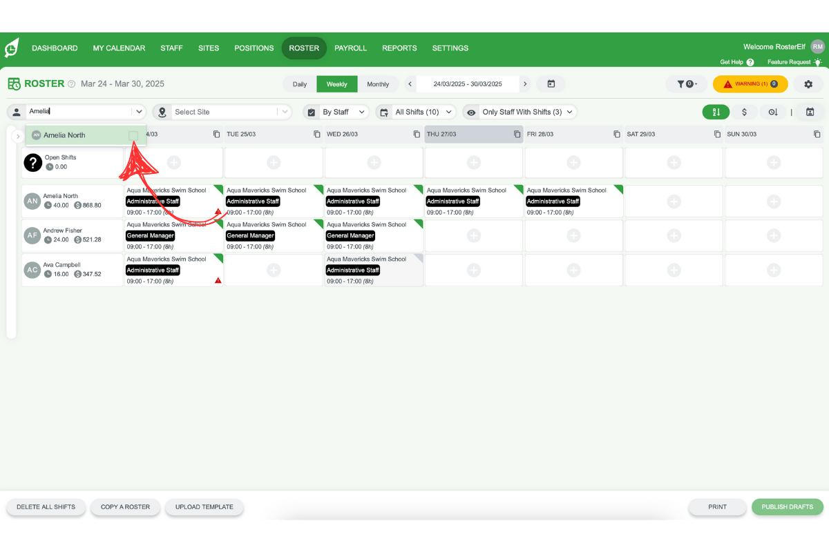 RosterElf roster page with 'Select Staff' dropdown