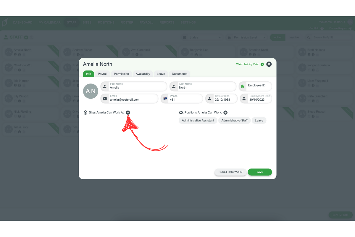 Sites Can Work At button to assign or edit an employee's eligible sites