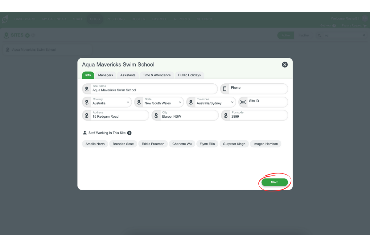Save or Update button at the bottom of the site editing window