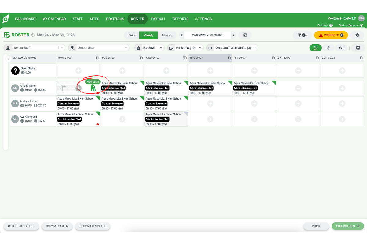 Screenshot illustrating the 'View Shifts' option for a published shift in RosterElf.