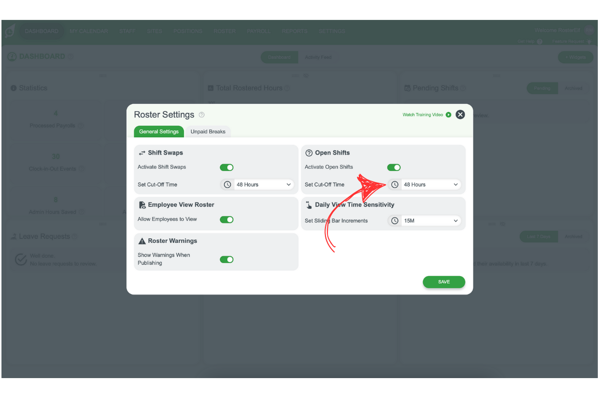 Cut-off time setting for open shifts