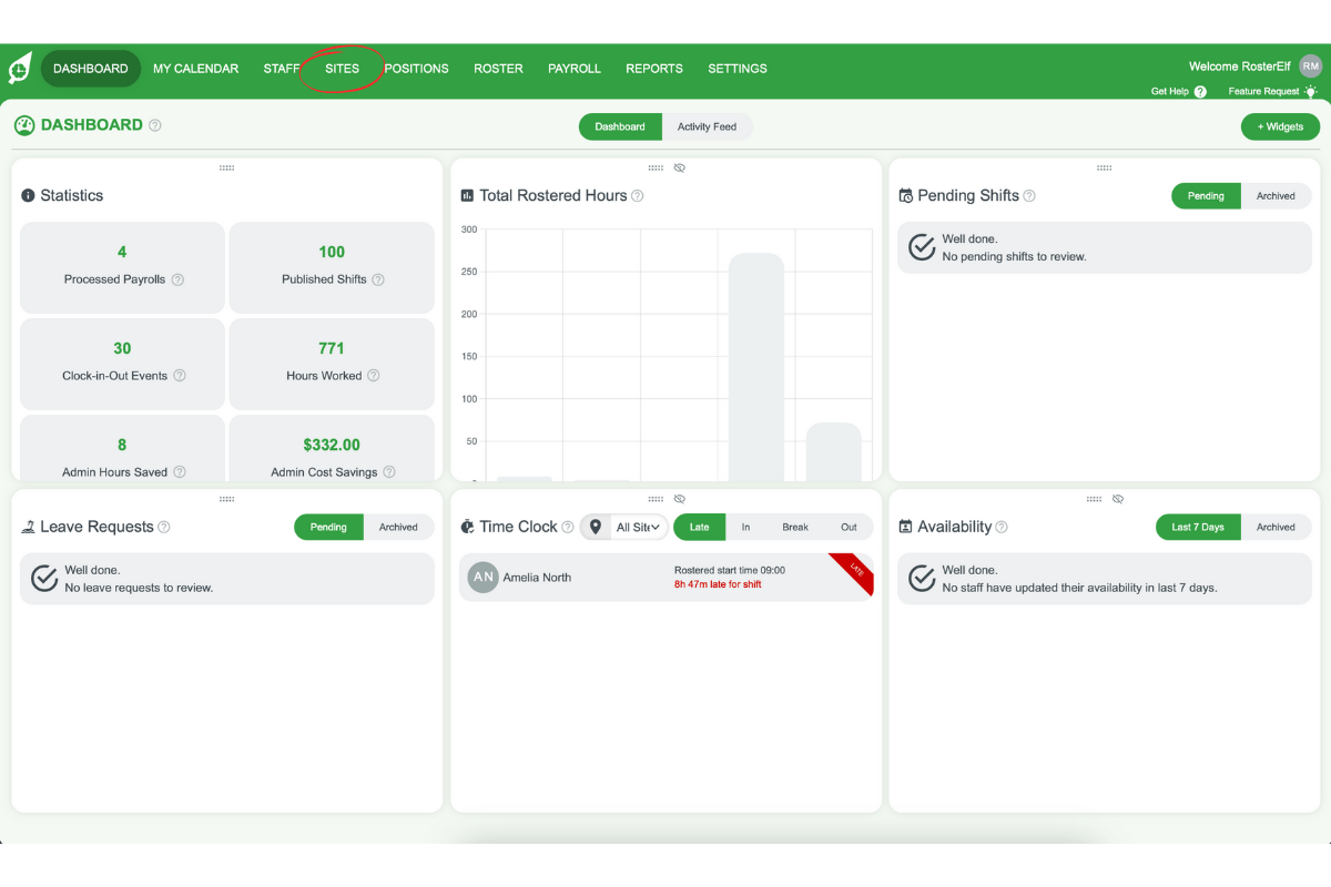 Screenshot showing the Sites section in RosterElf’s settings for department-based setup