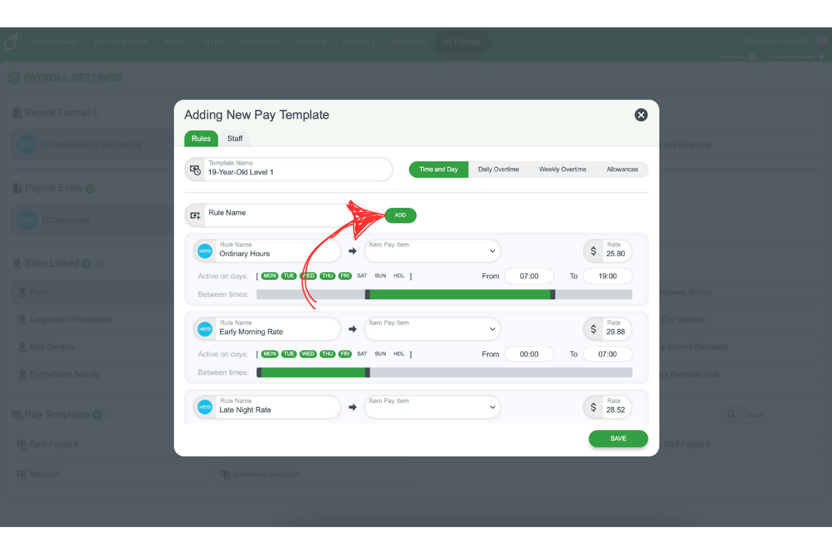 Name and add pay rules in RosterElf pay template
