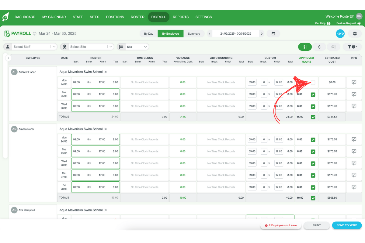 Screenshot illustrating checkbox options for staff