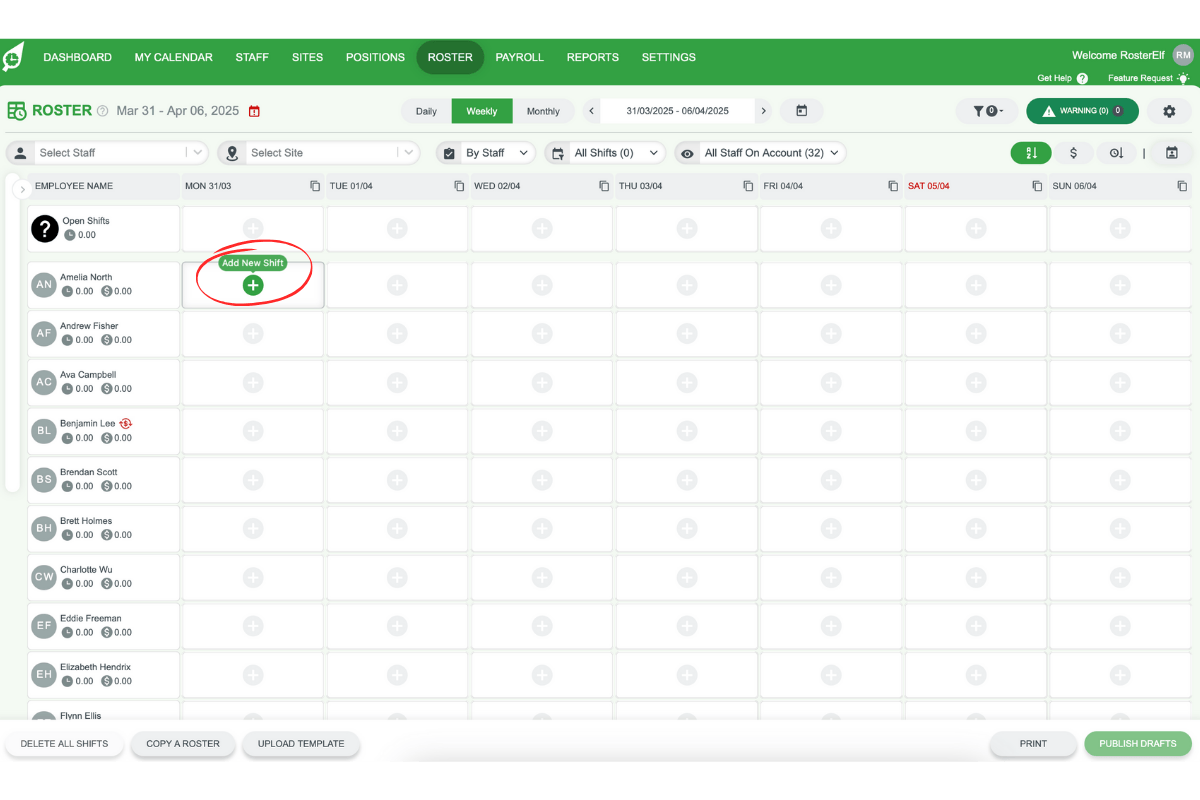 Screenshot illustrating how to add a shift in RosterElf