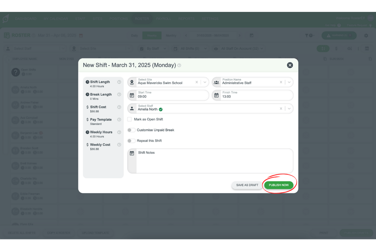 Screenshot displaying shift details entry in RosterElf