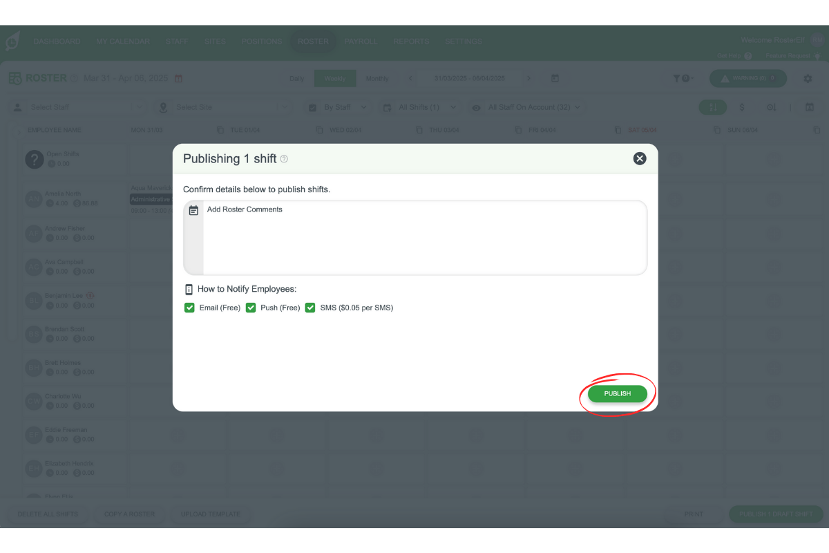 Screenshot illustrating how to publish a roster with SMS enabled