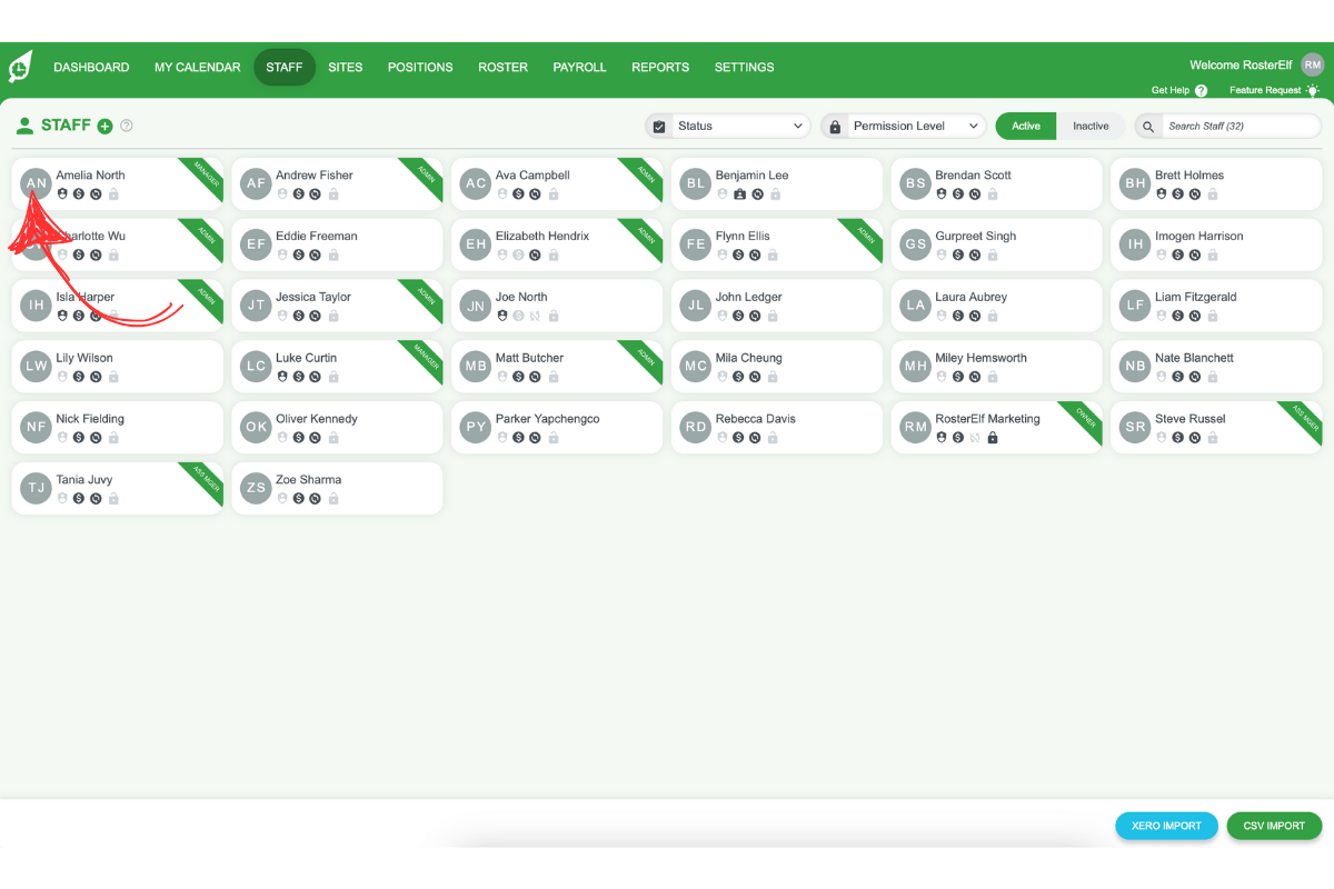 Screenshot highlighting a specific staff member in the list