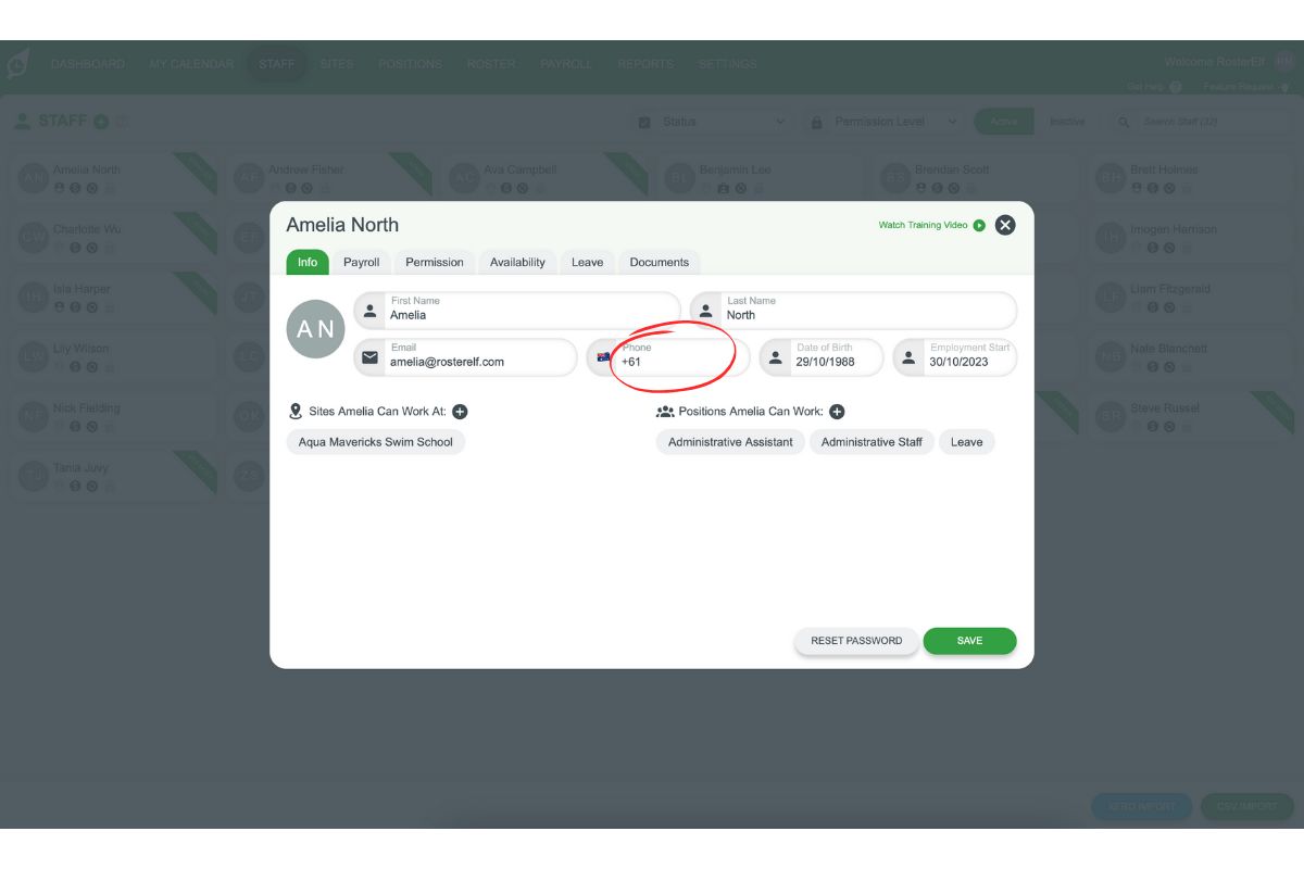 Screenshot of the staff profile showing the mobile number field
