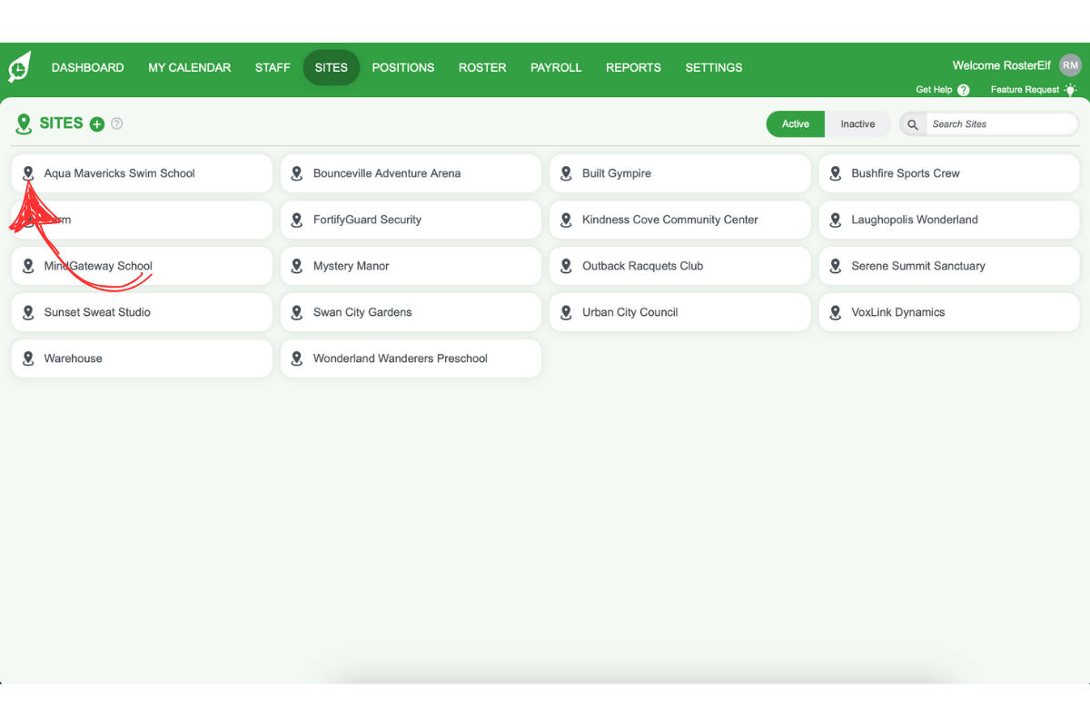 Screenshot indicating site selection