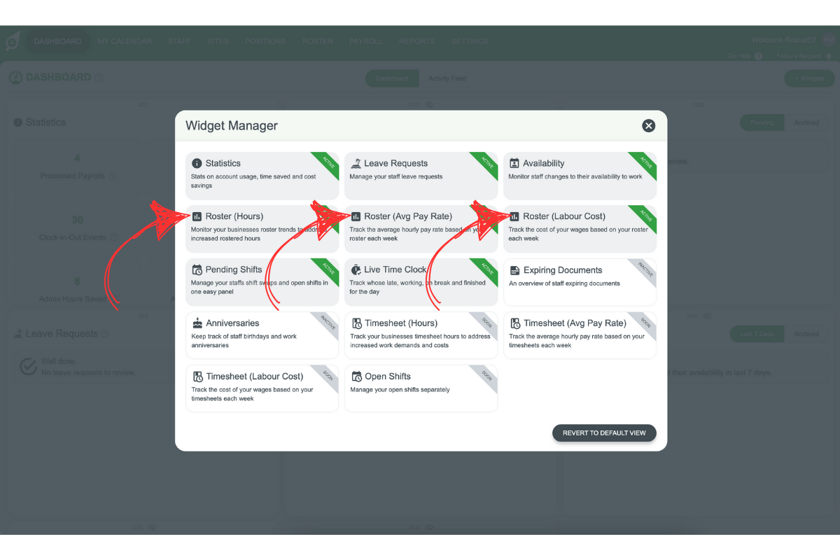 Screenshot of the widget selection pop-up in RosterElf