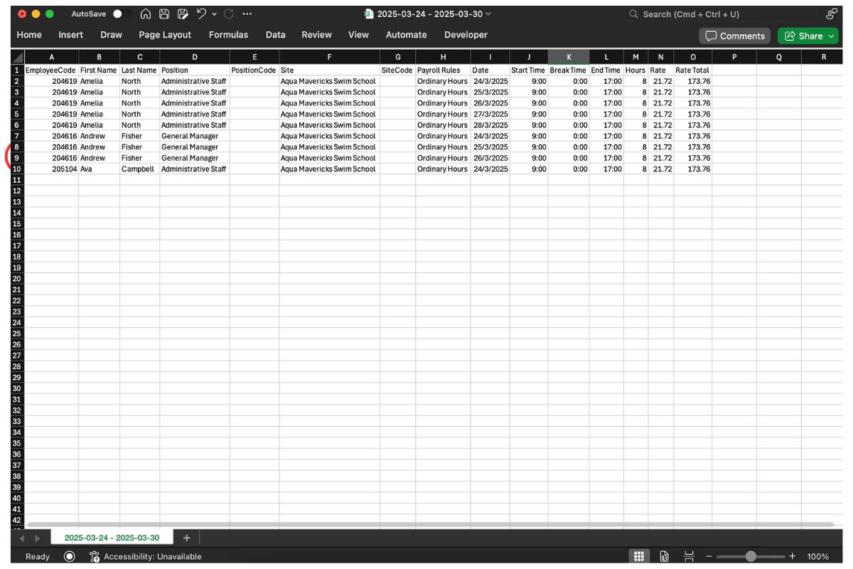 Screenshot showing a sample CSV file