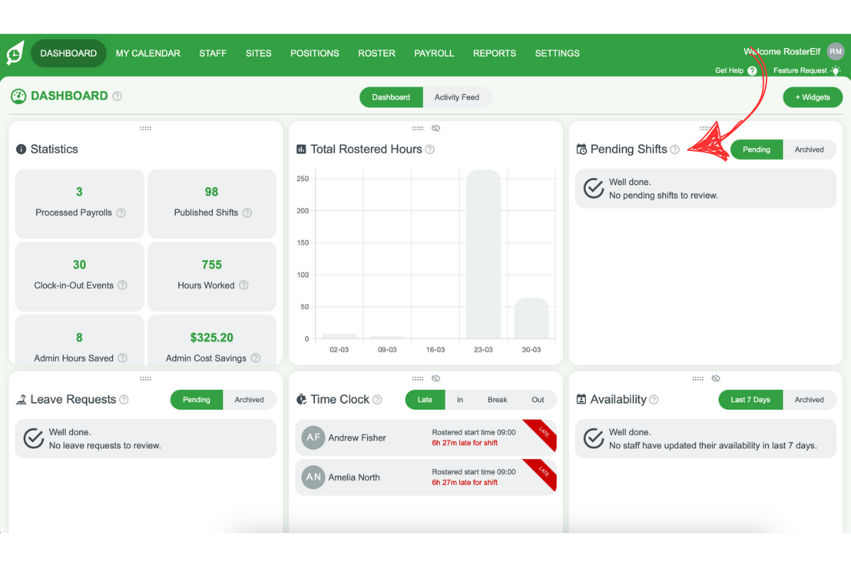 Screenshot of the Pending Shifts widget