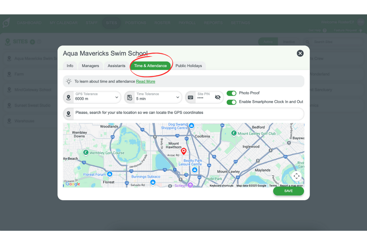 Screenshot illustrating the Time & Attendance tab within a site's settings