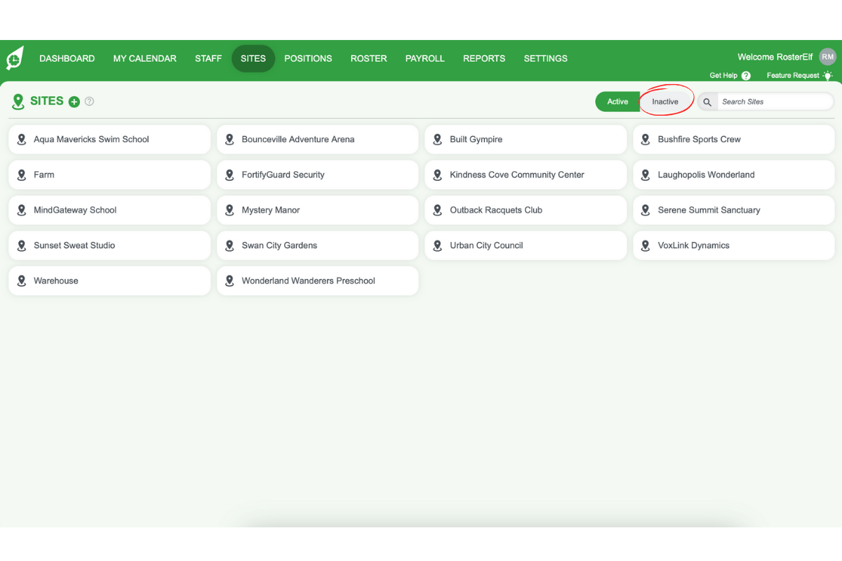 Screenshot illustrating the Inactive option in the Sites tab