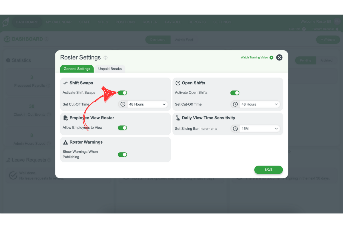 Screenshot illustrating the Shift Swap toggle