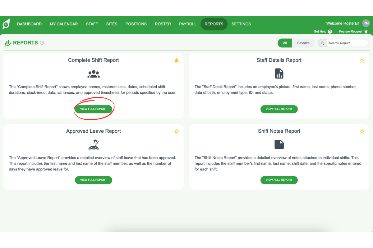 Screenshot showing the Complete Shift Report option
