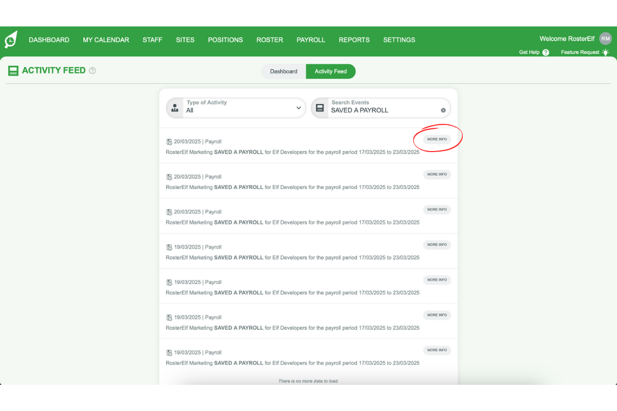 Screenshot indicating the 'More Info' button for an event