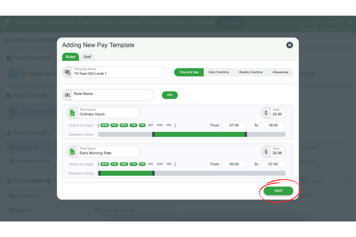 Screenshot showing the Save button in the Pay Template popup