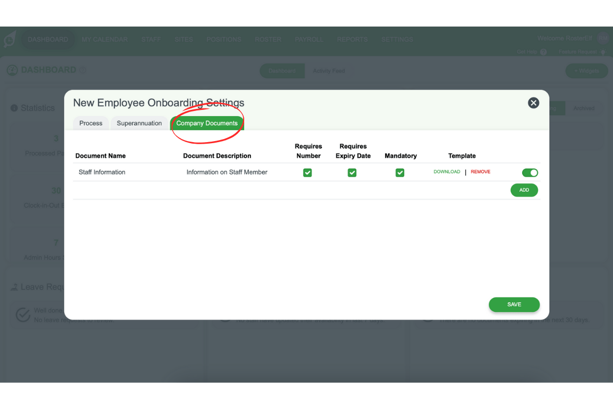Screenshot indicating the Company Documents tab for uploading required items