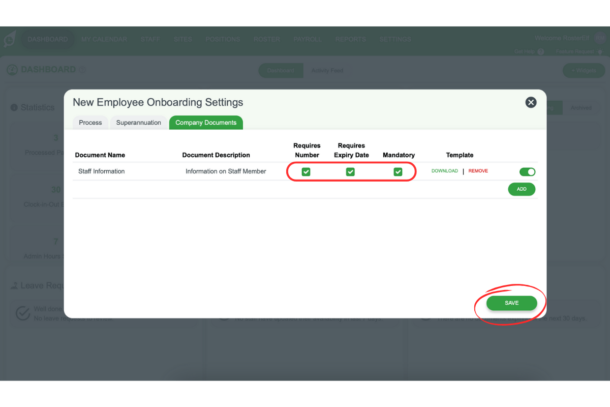 Screenshot showing different options for each document type in onboarding