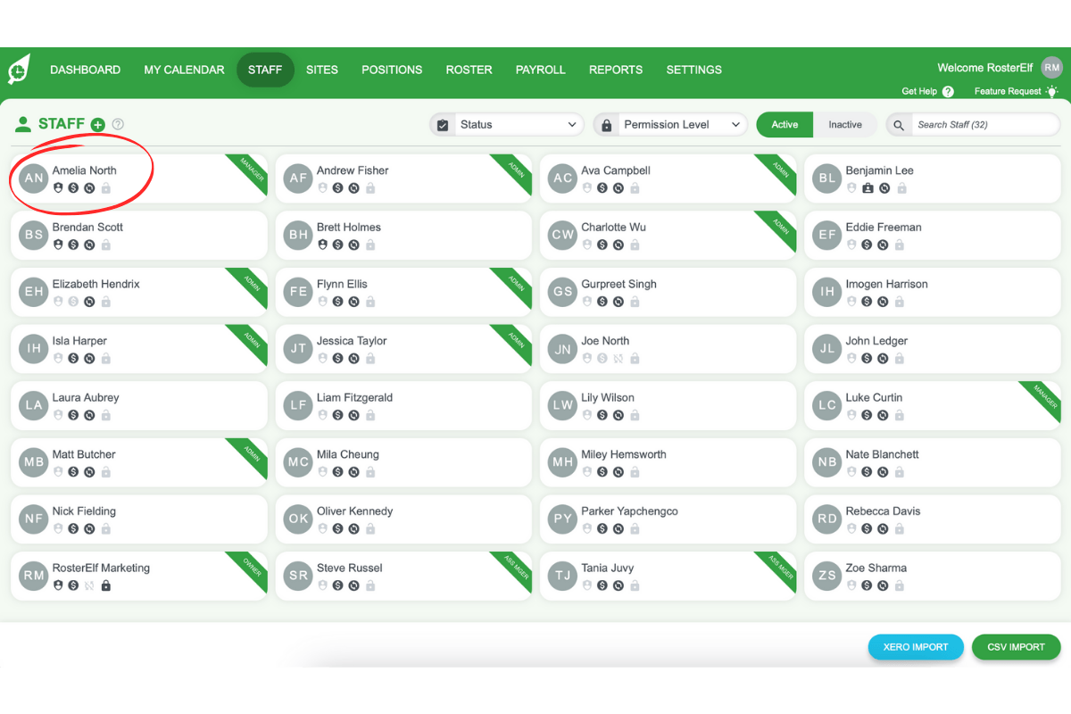Screenshot indicating selection of an employee in the Staff list