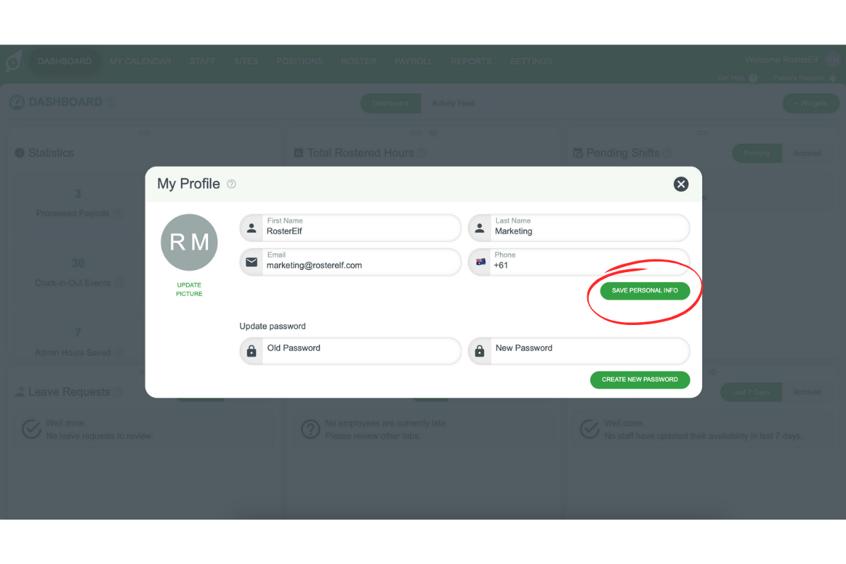 Screenshot displaying the Save my personal info button