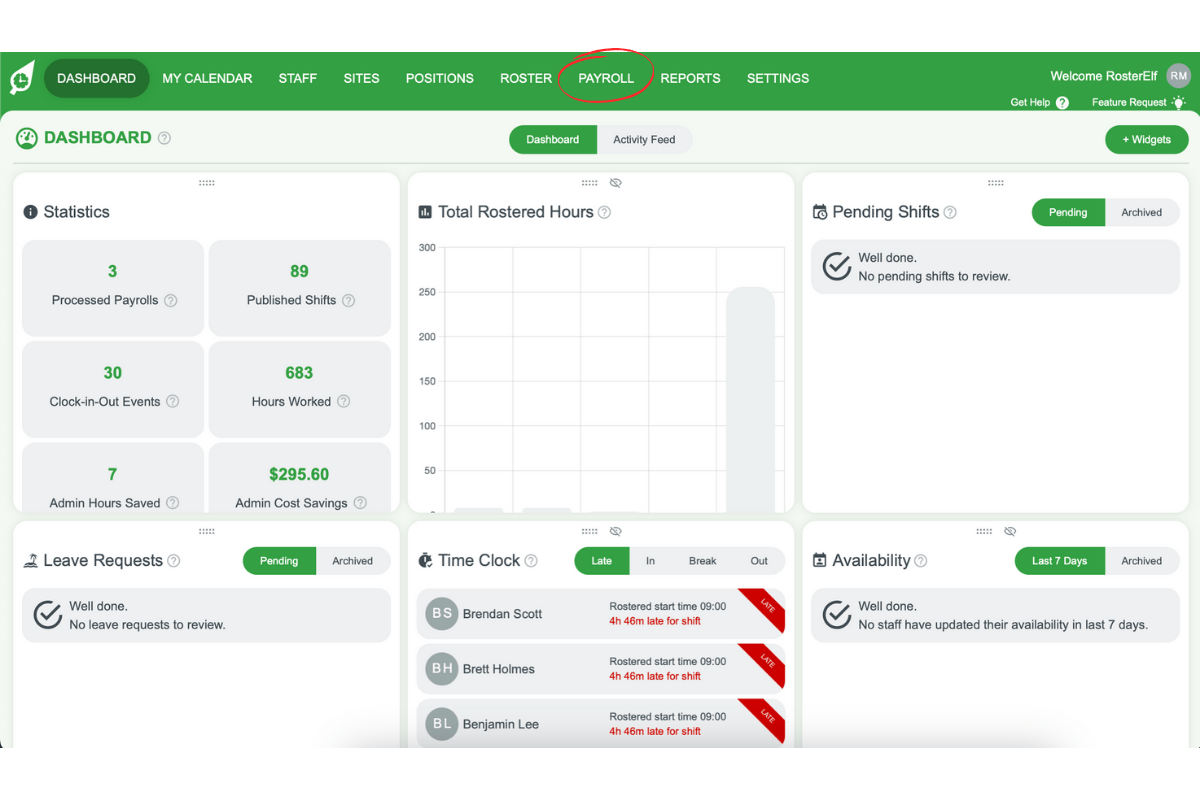 Screenshot showing the Payroll option in the top menu
