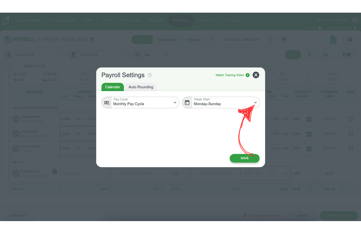 Screenshot showing the week start selection in the calendar settings