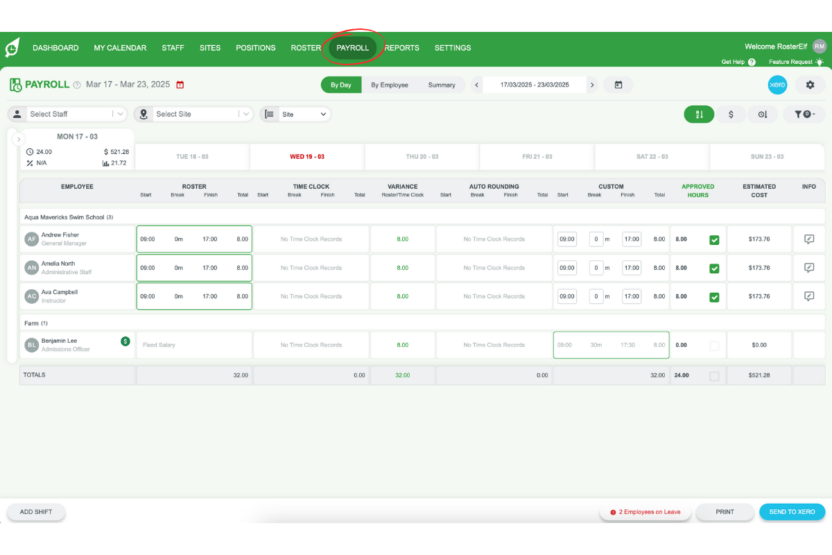 Screenshot indicating the Payroll tab in the main menu