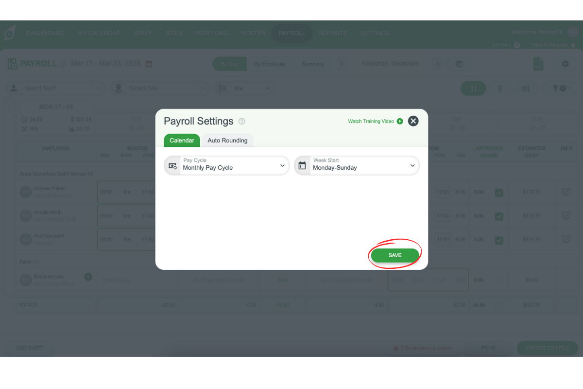 Screenshot highlighting the Save button for finalizing monthly payroll settings