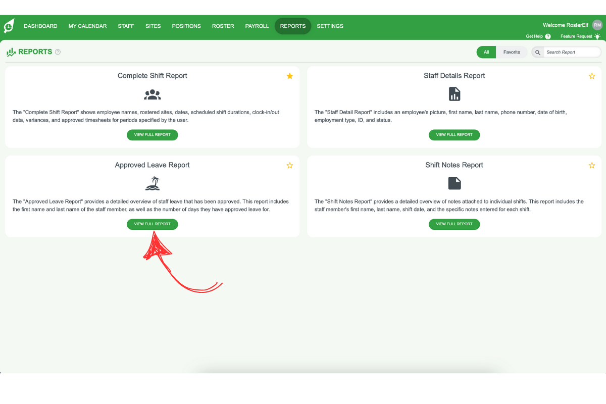 Screenshot illustrating the Leave Report option on the Reports page