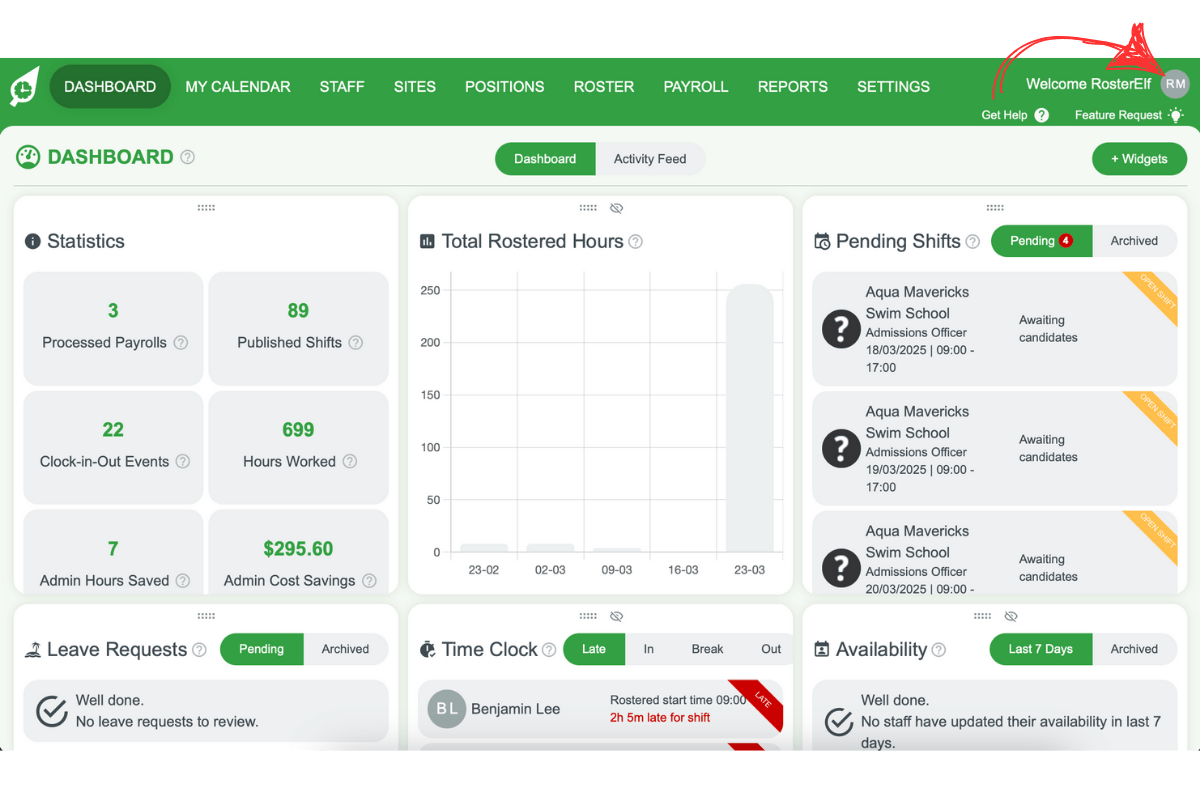 Screenshot of the user name in the upper right corner with a dropdown menu expanded
