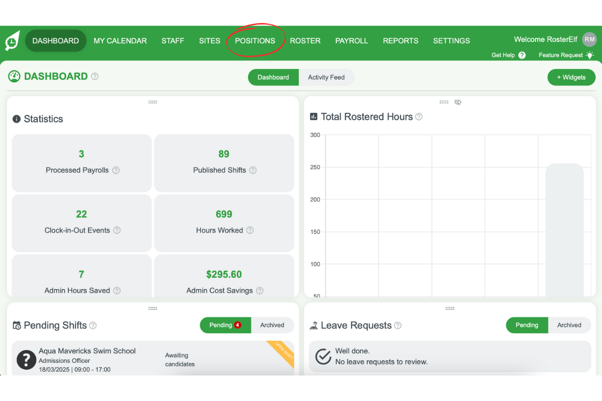 Screenshot highlighting the Positions tab in the RosterElf dashboard